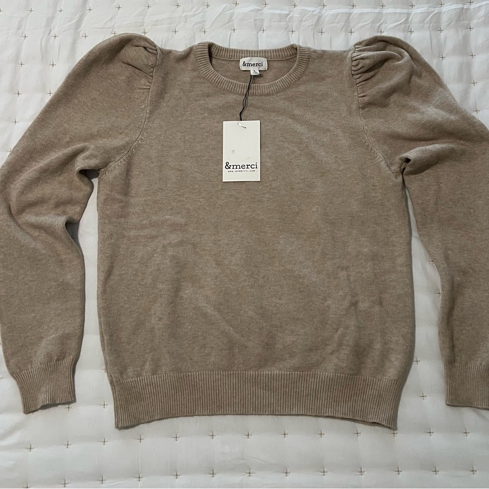 Updated everyday classic tan sweater with puff sleeves.  New with tag.
